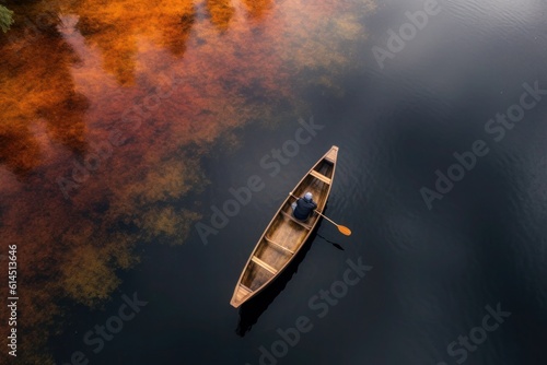 Bird's eye drone photo captures a photographer in a wood and canvas canoe gliding gracefully on Sugar Hill Reservoir in Goshen, Vermont. Generative AI