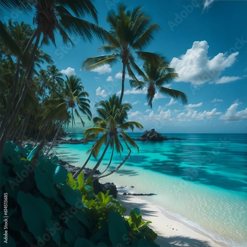 A tranquil beach paradise with a deep blue sea