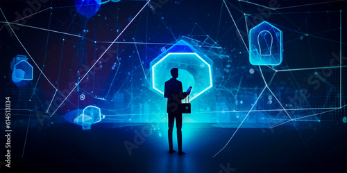 illustration, Cyber security and data protection. Businessman holding a padlock protecting business and financial data with an external network connection. Innovative technologies,