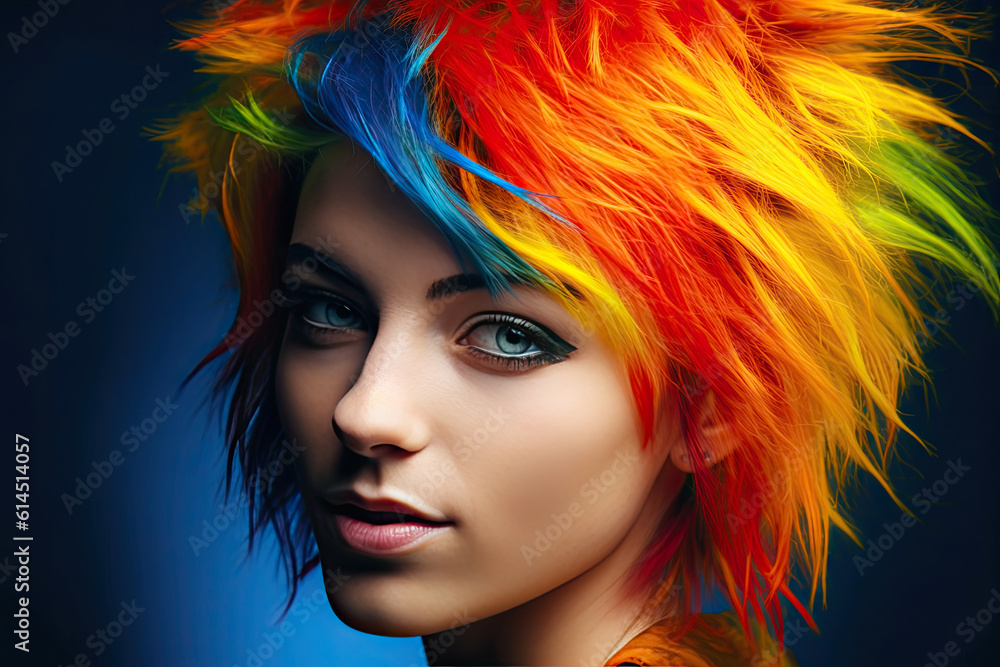 Hairstyle Extravaganza: A Vivid Close-Up of a Young Woman. Generative AI