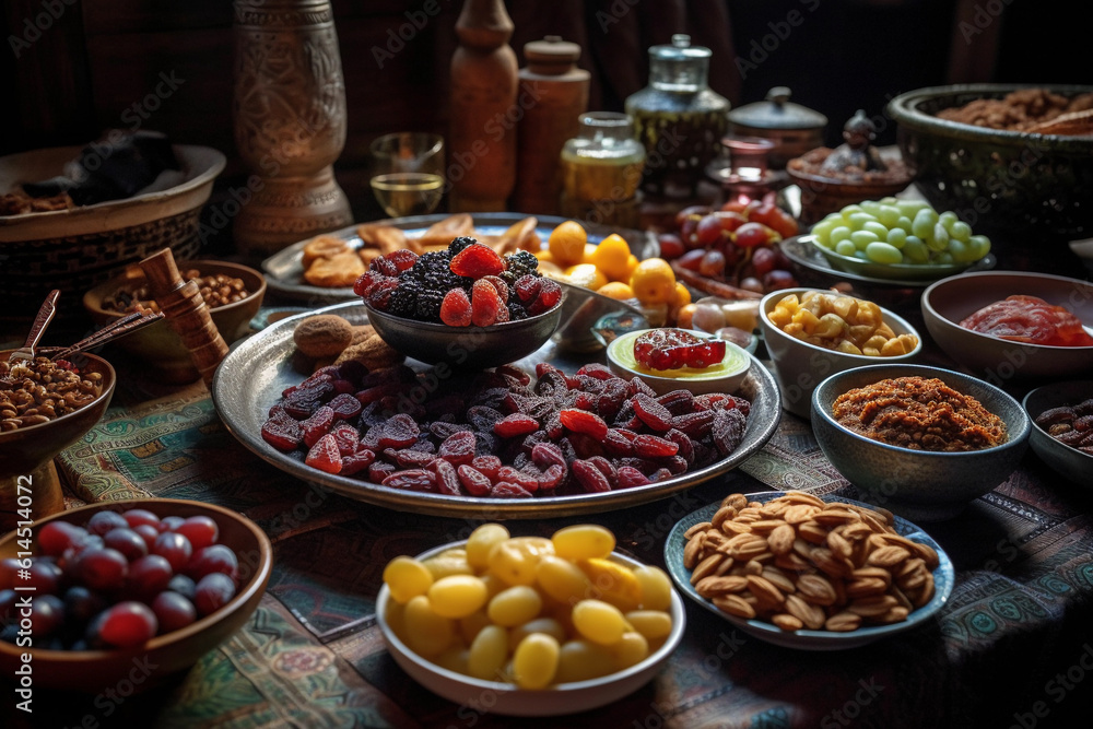 A colorful spread of dates, fresh fruits, and other traditional foods laid out on a table. Generative AI