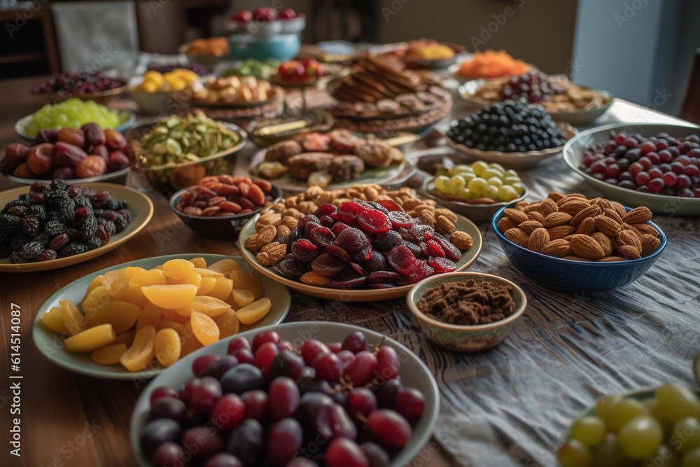 A colorful spread of dates, fresh fruits, and other traditional foods laid out on a table. Generative AI