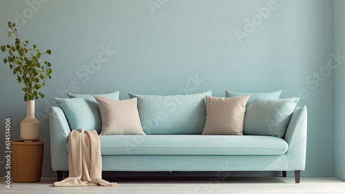 interior with green sofa and empty wall and decoration.ai generative, illustration,