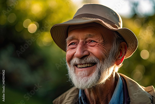 Rejuvenating Nature's Path: A Close-Up of a Happy Elderly Man. Generative AI