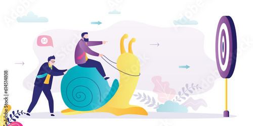 Businessmen riding sluggish snail trying to reach target. Entrepreneurs slowly moving towards goal. Slow business progress. Recession, economic crisis. Stupid boss, mistake.