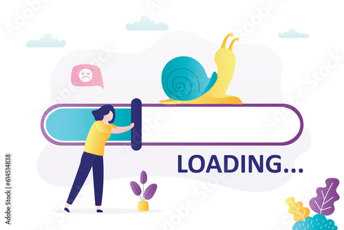Slow internet speed, bad connection, loading process. Woman user pushing slider on measurement scale. Download speed is very slow or does not work. Snail crawling on progress bar.