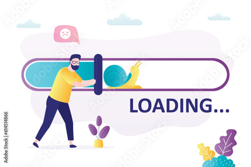 Slow internet speed, bad connection, loading process. Male user pushing slider on measurement scale. Download speed is very slow or does not work. Snail crawling in progress bar.