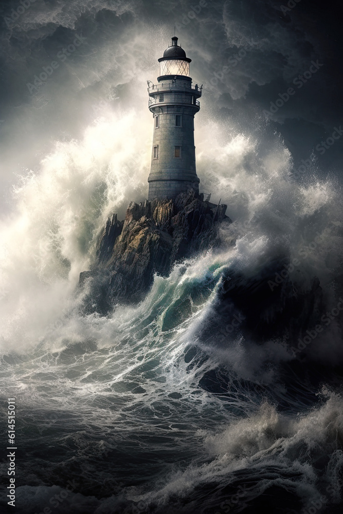 Illustrated view of a light house on a rocky outcrop. Storm at sea, with dark sky and crashing waves. Digital illustration AI