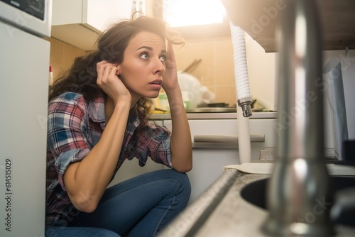 A forlorn woman at her kitchen sink looking worried about a plumbing problem, suggesting a leak and the need for help and assistance, generative ai