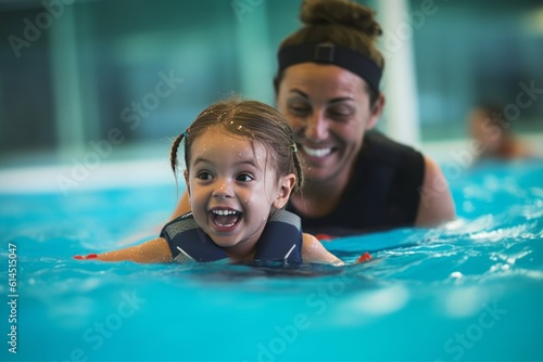 Candid capture of a young girl with an adult swimming instructor in a pool, showcasing the engaging process of learning through swimming lessons, generative ai