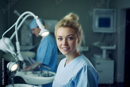 Portrait of a proud female dental hygienist student in college, smiling confidently as she represents her future occupation and the value of education, generative ai