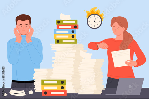 Bureaucracy, employee stress from lot of paperwork vector illustration. Cartoon tired exhausted woman and man late for deadline, office workers standing near table with pile of paper documents, laptop