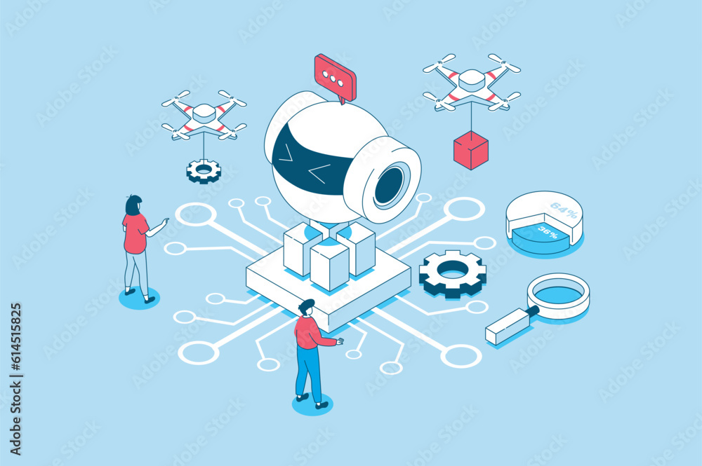 Artificial intelligence concept in 3d isometric design. People creating, working and programming ai robots, machine learning and automation. Vector illustration with isometry scene for web graphic Artificial intelligence concept in 3d isometric design. People creating, working and programming ai robots, machine learning and automation. Vector illustration with isometry scene for web graphic