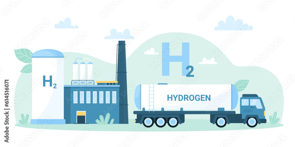 Green hydrogen production plant vector illustration. Cartoon factory for H2 electrolysis, storage tank and truck for hydrogen fuel transportation and supply, innovation technology for zero emissions