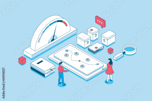 Crisis management concept in 3d isometric design. People analyzing data and speedometer, brainstorming, creatine new route, solving problem. Vector illustration with isometry scene for web graphic