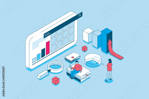 Data analysis concept in 3d isometric design. People analyzing graphs on dashboard and business reports, working with financial information. Vector illustration with isometry scene for web graphic