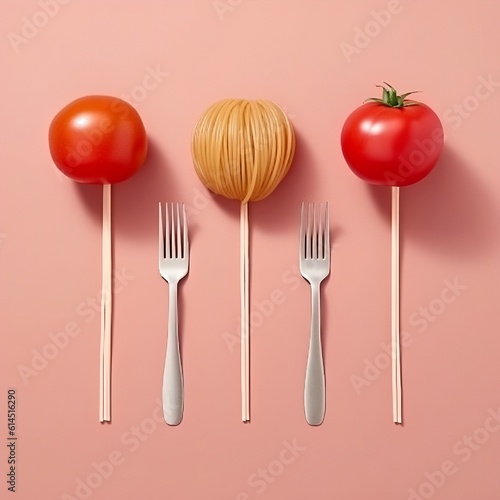 Repeating collage of fork with spaghetti pasta, tomato and garlic against pastel pink background. Italian food concept.