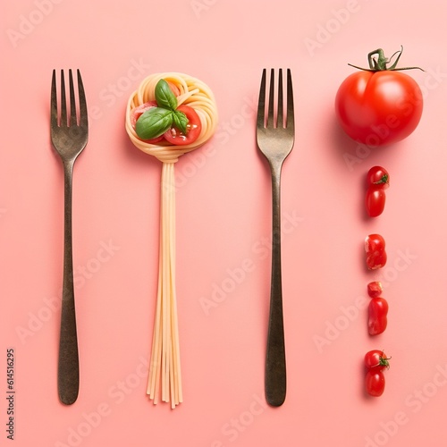 Repeating collage of fork with spaghetti pasta, tomato and garlic against pastel pink background. Italian food concept.