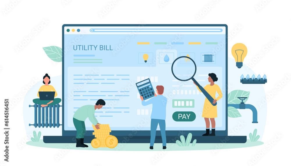 Payment of utility bills vector illustration. Cartoon tiny people hold calculator, money and magnifying glass to check and manage expenses, pay for gas and water supply, heating and electricity Payment of utility bills vector illustration. Cartoon tiny people hold calculator, money and magnifying glass to check and manage expenses, pay for gas and water supply, heating and electricity