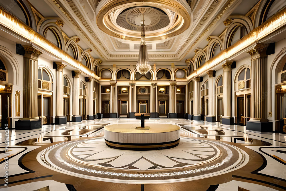 Obraz premium A grand ballroom with an ornate podium in the center, adorned with gold trimmings
