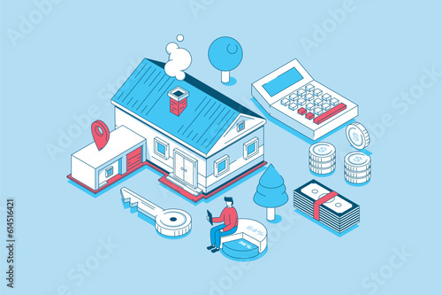 Mortgage investment concept in 3d isometric design. People investing money in real estate, buying new houses and apartments, owning property. Vector illustration with isometry scene for web graphic