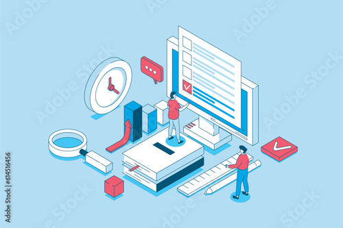 Online survey concept in 3d isometric design. People giving feedback and marking answer in questionnaire, voting in digital form on computer. Vector illustration with isometry scene for web graphic