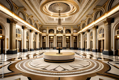 A grand ballroom with an ornate podium in the center, adorned with gold trimmings © Beste stock