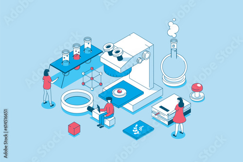 Science laboratory concept in 3d isometric design. People researching blood or virus on microscope in lab, doing chemicals tests in flasks. Vector illustration with isometry scene for web graphic