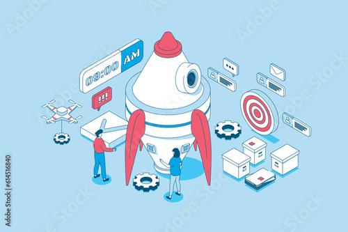 Startup concept in 3d isometric design. People with creativity and entrepreneur ambitions creating new project, planning, attracting investment. Vector illustration with isometry scene for web graphic