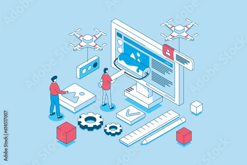 Web design concept in 3d isometric design. People creating pages layouts with content, making banners and homepages, programming and coding. Vector illustration with isometry scene for web graphic