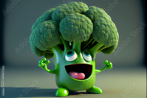 Cute broccoli cartoon character. Generative AI