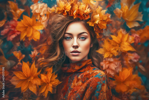 Beautiful woman in autumn leaves and flowers. Mental health and autumn perfum concept. Generative AI illustration