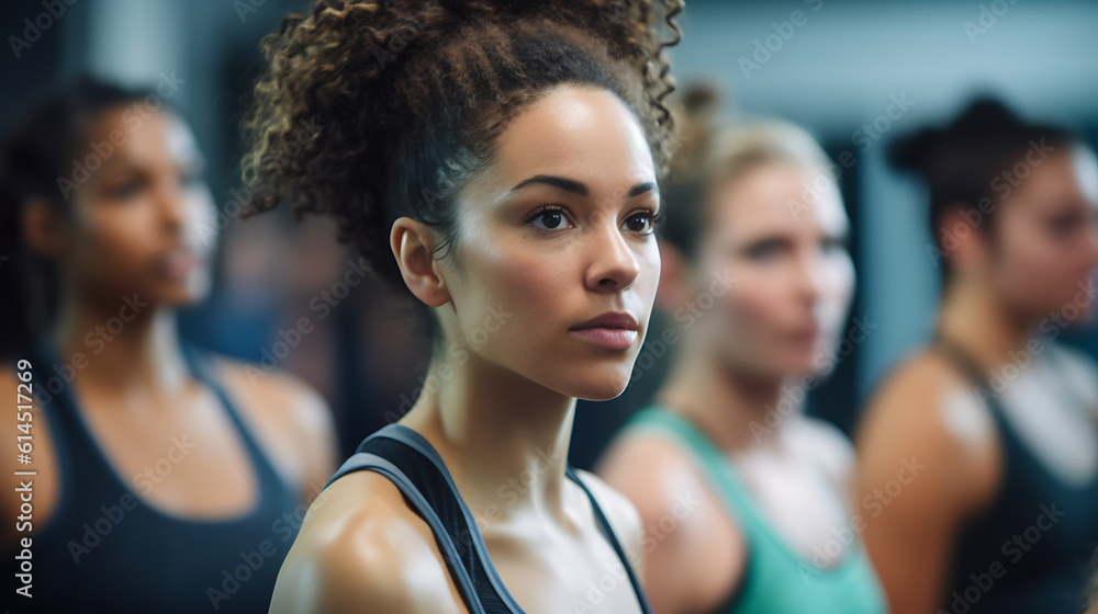Young woman standing in front of group of people at gym indoors. Created with Generative AI technology.