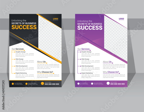 Black and purple gradient color creative modern business flyer design template set for company promotion and growth. A4 size half page one sided unique cover idea inspiration and vector illustrations.