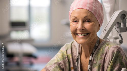 Elderly woman with cancer smiling and sitting in the hospital.Created with Generative AI technology.