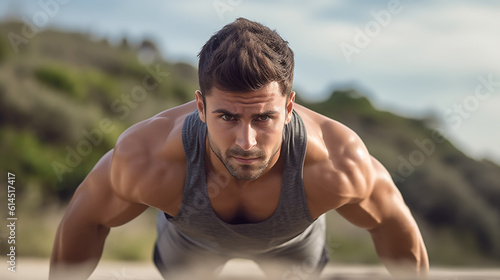 An athletic man doing push-ups.Created with Generative AI technology.