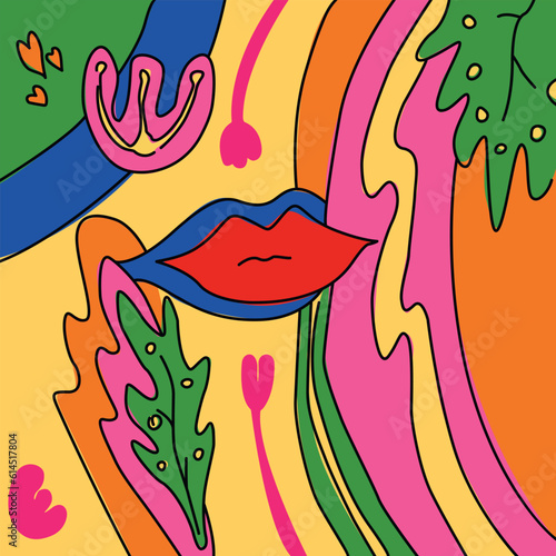 Bright colorful hand drawn abstraction with lines and lips doodle style, vector illustration. Decorative design, outline retro abstraction, leaves and shapes (ID: 614517804)