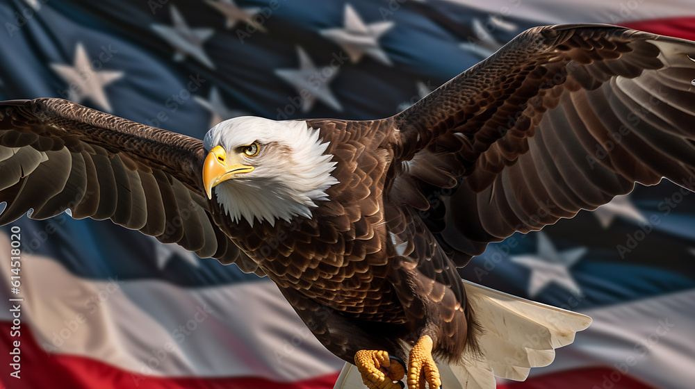 Naklejka premium Bald Eagle and American flag.Created with Generative AI technology.