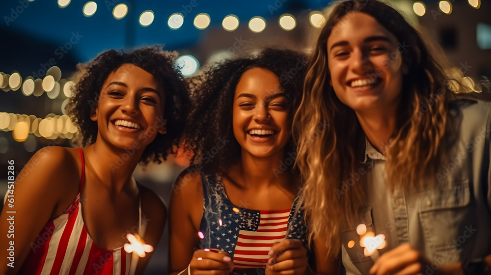 Happy friends celebrating fourth july Independence Day.Created with Generative AI technology.