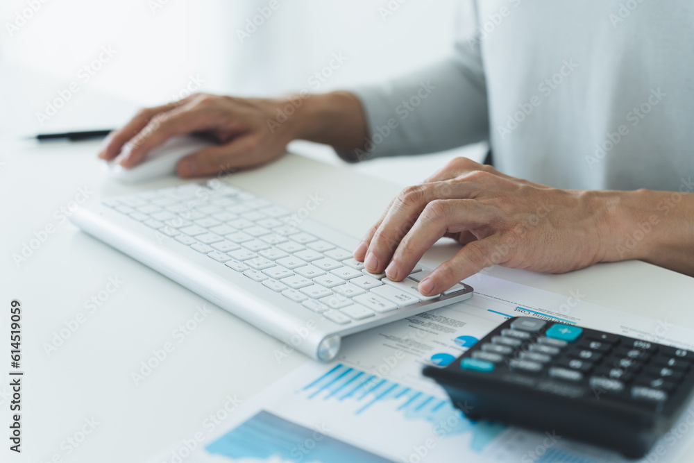 Analyst computer working with information database to analysis marketing sale data. Business project or program strategy planning and development for corporate operating finance and investment concept Analyst computer working with information database to analysis marketing sale data. Business project or program strategy planning and development for corporate operating finance and investment concept