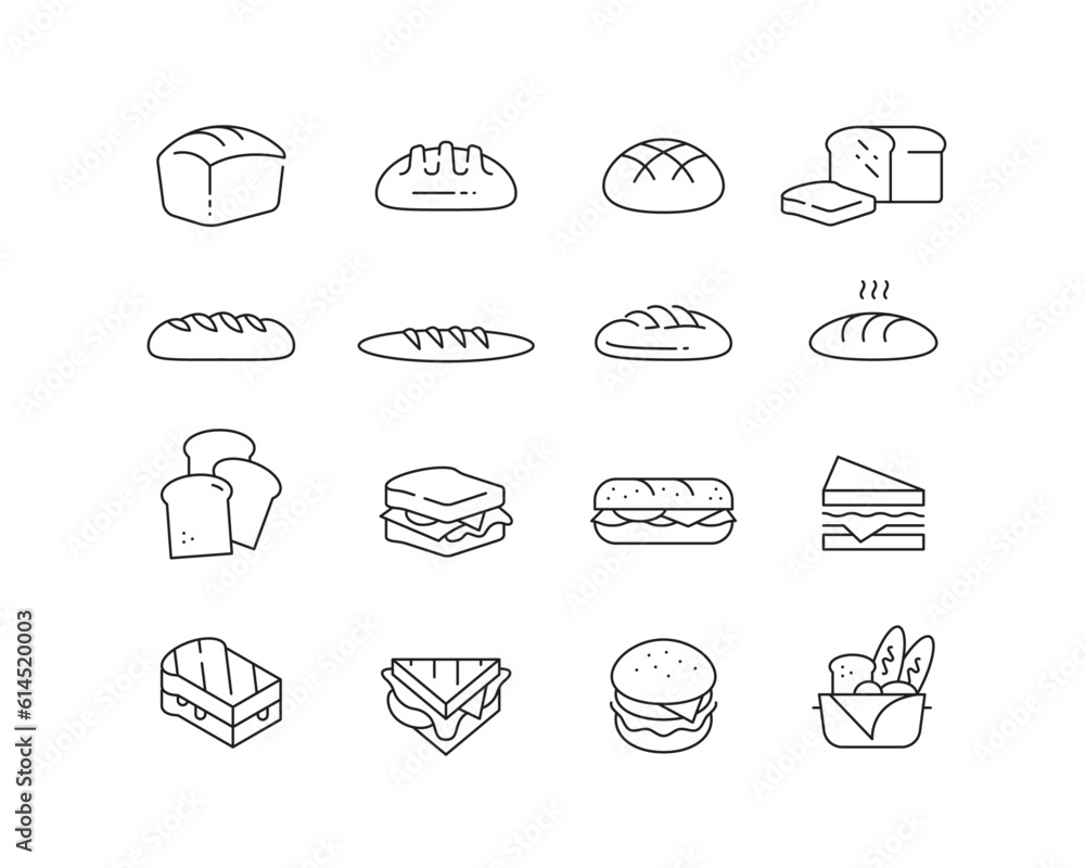 Fototapeta premium Bakery Bread and Sandwiches Icon collection containing 16 editable stroke icons. Perfect for logos, stats and infographics. Edit the thickness of the line in any vector capable app.