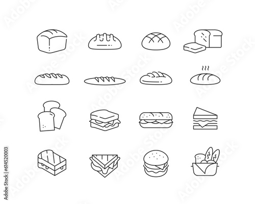 Bakery Bread and Sandwiches Icon collection containing 16 editable stroke icons. Perfect for logos, stats and infographics. Edit the thickness of the line in any vector capable app.