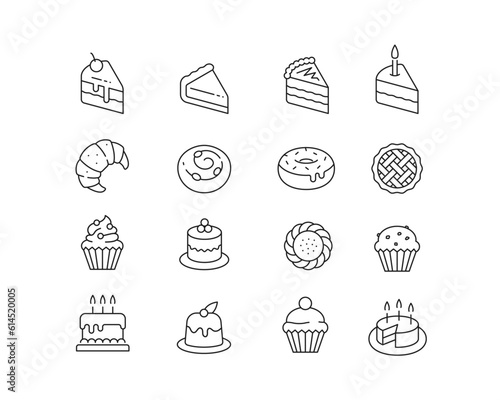 Bakery Sweet Treats Icon collection containing 16 editable stroke icons. Perfect for logos, stats and infographics. Edit the thickness of the line in Adobe Illustrator (or any vector capable app).