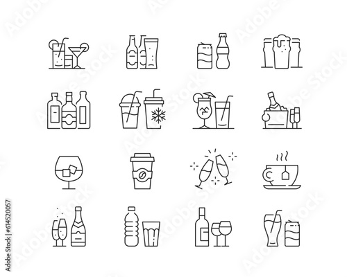 Drinks Icon collection containing 16 editable stroke icons. Perfect for logos, stats and infographics. Edit the thickness of the line in Adobe Illustrator (or any vector capable app).