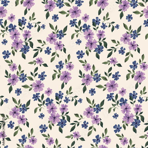 Seamless floral pattern, liberty ditsy print with tiny lilac flowers. Cute botanical design for textiles, fabrics: mini hand drawn flowers, small leaves on a light background. Vector illustration.