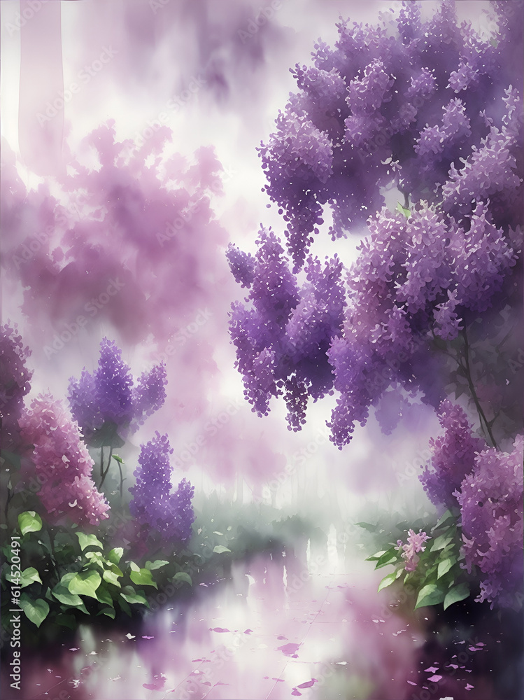 Fototapeta premium Lilac garden after rain watercolor. AI generated illustration