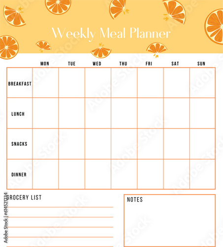 Weekly meal planner and shopping grocery list, breakfast, lunch, dinner. Weekly template menu. Printable and digital planner

