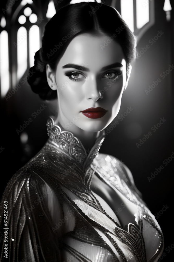 Beautiful bride in the Gothic style in the church, in black and white only the red mouth. Generative AI_2. Beautiful bride in the Gothic style in the church, in black and white only the red mouth. Generative AI_2.