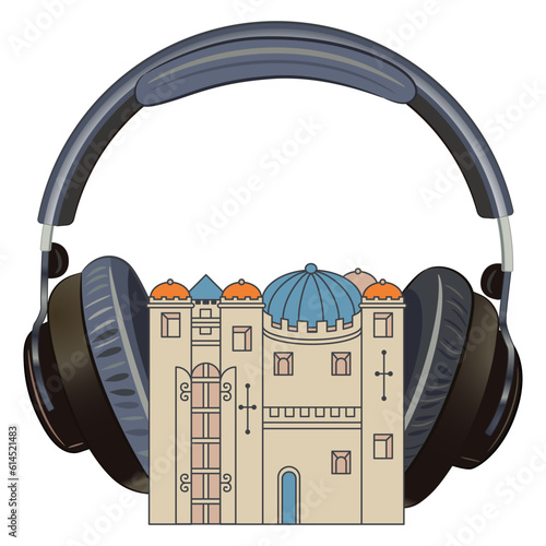 Medieval castle wearing headphones. Creative concept. Isolated vector illustration.