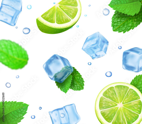 Realistic lime, ice cubes and mint falling. Mojito background vector